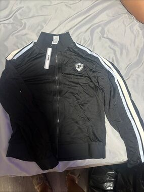 PINK Victoria's Secret Black Track Bomber with White & Light Blue Stripes